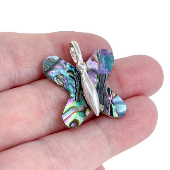 Vintage Sterling Silver 925 Abalone Inlay Butterfly Pendant - Picture 1 of 7